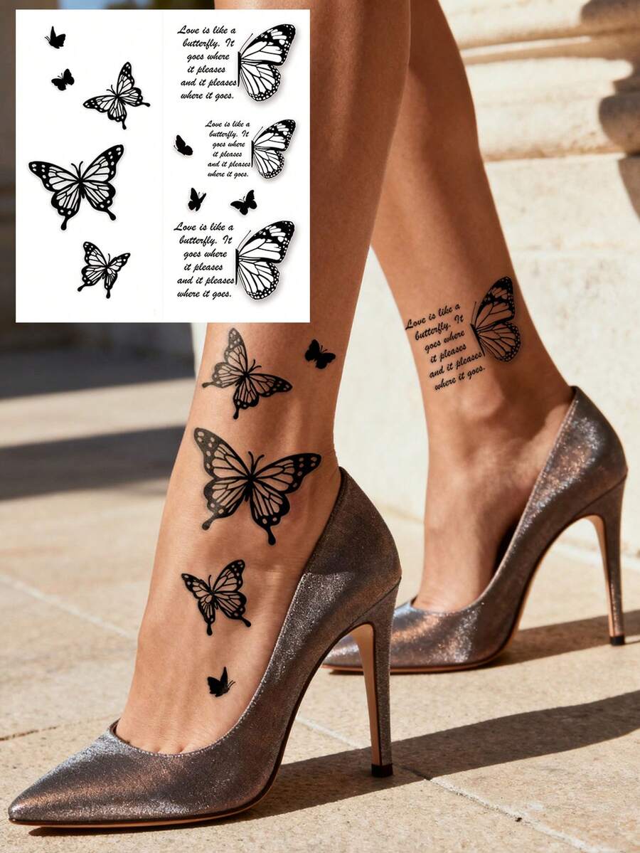 STARTTOOS 2 piezas/1 pieza Patrón de frase de mariposa simple de especificación múltiple Y2K pequeño y exquisito Pegatinas de tatuaje temporal falso adecuadas para muñeca, tobillo, hombro, cuello, clavícula DIY Fiesta diaria, regalo de vacaciones Pegatinas de tatuaje corporal realistas impermeables