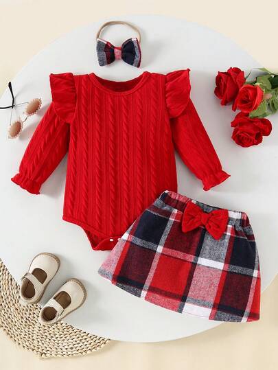 3pcs Baby Girls' Red Twist Knit Bodysuit + Red & Black Plaid Bow Skirt + Plaid Headband Set, Newborn To 18 Months, Cute Outfit For Holiday Celebration & Fashionable Outings