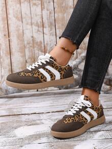 2025 New Leopard Print Retro Striped Rubber Sole Casual Sneakers, Breathable American Style Skate Shoes For Women - Brown - View 3