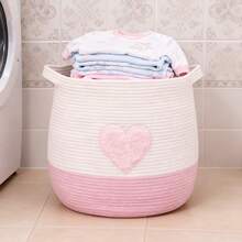 Laundry Basket Girls Nursery Clothes Hamper Pink Heart Storage Basket Bin Woven Rope Cute Round Blanket Basket Toys Organizer With Handle, Home Decor Basket For Bedroom, Bathroom, Dormitory - Multicolor - View 13