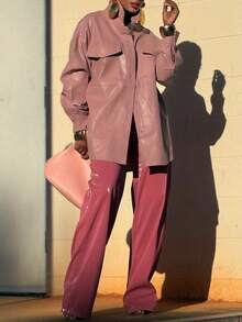Women's Pink PU Leather Button-Front Oversized Long Sleeve Shirt Jacket - Versatile For Daily Outings, Commute & Travel - rosa - Visa 3