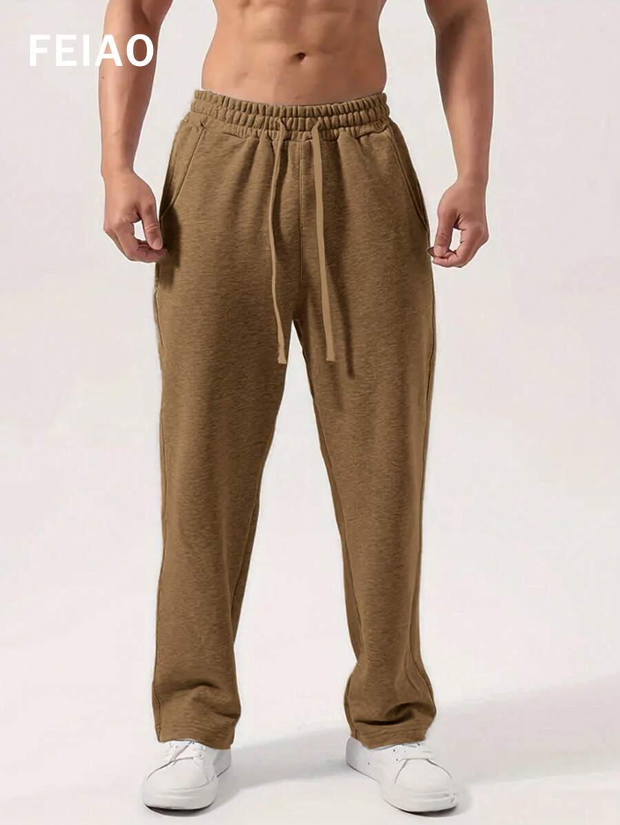 Pantalones casuales cómodos con cordón y estampado de monedas vintage para hombres de FEIAO, pantalones deportivos versátiles, adecuados para el otoño - Marrón Mocha - Ver 1