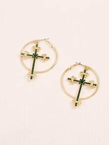 1 对复古合金哥特式十字架水晶装饰圈形耳环，女士时尚耳环，适合节日和日常佩戴 - 合金十字架耳圈 - 查看 24