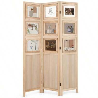 Room Divider 3 Panel Folding Privacy Screen With 9 Swivel Paulownia Wood Photo Frames 170cm High Hinged Space Separator For Room Partition Natural