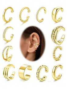 Bộ 12 chiếc/Bộ khuyên tai kẹp kim loại pha lê hình học bện vàng, dành cho cả nam và nữ, Thích hợp cho kỳ nghỉ, hẹn hò, tiệc tùng, đeo hàng ngày, Giáng sinh, ngày lễ tình nhân, quà tặng năm mới cho bạn bè, mẹ, thời trang & đơn giản - Vàng - Xem 7