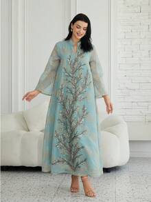 Solessence Đầm dài tay cổ đứng đính sequin sang trọng, màu xanh nhạt thanh lịch, thích hợp cho công sở và dự tiệc mùa xuân. - NC90 - Xem 8
