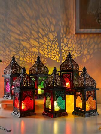 1 pieza Soporte de vela de vidrio con forma de castillo con relieve de estilo marroquí y colorido, marco de hierro a prueba de viento, linterna de vela colgante adecuada para decoración del hogar, bar, restaurante, boda y fiesta, y como regalo