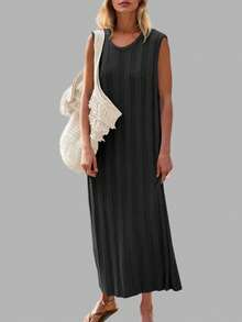 Womens Sleeveless Ribbed Tank Maxi Dress Summer Scoop Neck Knit Long Dress - 黑色 - 查看 1