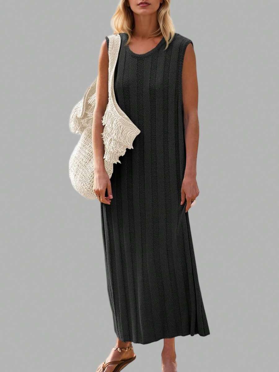 Womens Sleeveless Ribbed Tank Maxi Dress Summer Scoop Neck Knit Long Dress - 黑色 - 查看 1
