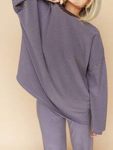 Women's Casual Striped Oversized Long Sleeve Lounge Set With Wide-Leg Pants - 紫藍色 - 查看 4
