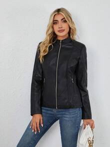 Women's Faux Leather Motorcycle Jacket - Asymmetric Zipper, Stand Collar Design, Creates Avant-Garde Commute And Urban Street Style, Autumn/Winter - Black - View 6