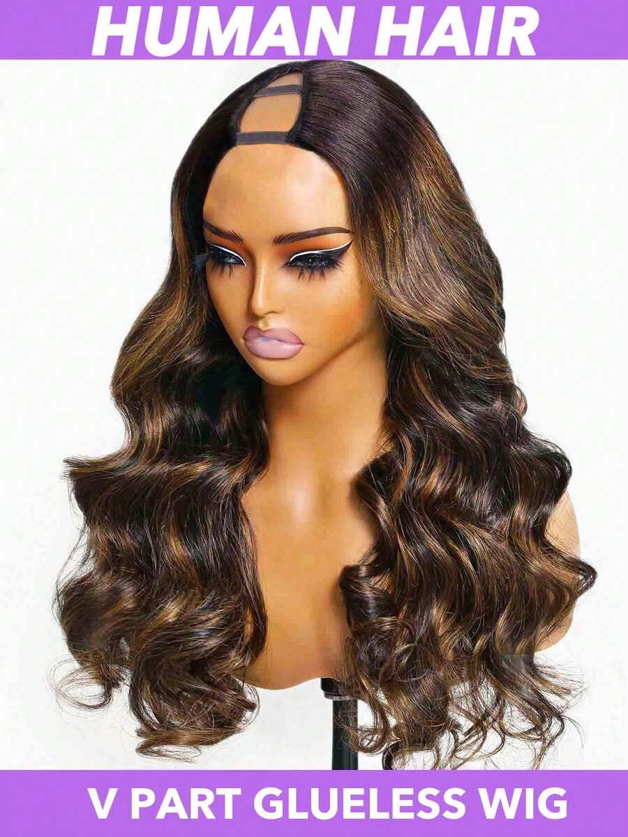 挑染（棕色至蜂蜜金色）V 型假发，真人发质，密度 150% 至 200% 波浪卷发，V 型假发，无需胶水和凝胶，玫瑰网帽，适合所有种族，时尚假发，自然造型假发，8-30 英寸，#4/27/30 - S3/30/33 - 查看 1