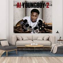 1PC Rapper Youngboy Music_ Flags Rapper Tapestry Room Decoration Aesthetic Music Album Cover Poster Wall Hanging Bedroom Concert Background Fan Gift - Black - View 3