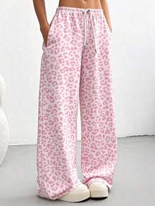 女士粉色豹纹抽绳直筒裤，休闲长裤，带口袋，弹力涤纶面料 - 粉色 - 查看 2
