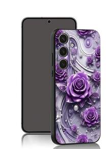 1个优雅紫色玫瑰、珍珠和蝴蝶图案防滑保护手机壳，兼容Galaxy A04e/A05s/A13/A14/A15/A34/A35/A50/A52/A53/A54/S21/S22/S23/S24/S25/S25 Ultra，2D图案，国际版，非国内版 - 黑色 - 查看 3