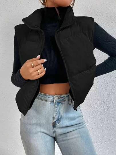 Kurtka bez rękawów ze stójką, pikowana bawełną na zimę, nowy styl jesień/zima z podszewką z polaru, kurtka, abrigos mujer de invierno, plumifero mujer, anorak de mujer, abrigos mujer de invierno>elegante, plumas mujer abrigo, μπουφάν, winterjas, bezrękawnik, abrigo, giubbotto donna invernale curvy, strój capodanno, jednolity kolor, luźny krój, modna i swobodna kamizelka ze stójką, kamizelka zapinana z przodu na zamek, europejski i amerykański styl YK2, odzież wierzchnia, czarny top w stylu retro/domowym/sportowym/ulicznym/preppy.