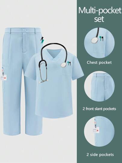 cimmuovere Men's Zip V-Neck Short Sleeve Multi-Pocket Top And Solid Scrubs Pants, Medical/Healthcare/Nurse/Dentist/Pet Hospital/Laboratory Uniform Set