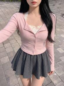 Rikumo 女士前开襟长袖修身休闲T恤（冬季款） - 粉色 - 查看 1