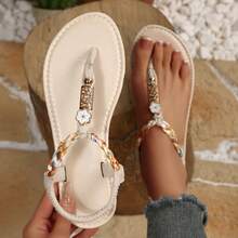 女士波西米亚风编织串珠平底人字拖凉鞋，夏季沙滩装 - 米色 - 查看 9