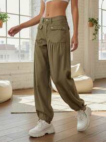 Women's Wide Leg Jeans Fashionable Casual Pleated Denim Joggers Pants With Pockets - Green - View 3