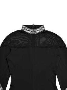 Einfarbiges Kleid mit Rundhalsausschnitt, Langarm, transparent, sexy mit Strass, elegant mit Schlitz, glamourös für Geburtstagsfeiern, Hochzeiten, formelle Abendessen, Silvester, Valentinstag, Schwarze Frühlingsparty - Schwarz - Übersicht 6