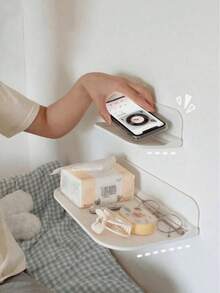 1pc Foldable Wall Mount Shelf, Bathroom Storage Rack, Bathroom Toilet Bedside Phone Holder, No Drill Dorm Storage Rack, WiFi Router Holder Bathroom - White - View 3