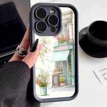 Cubierta de teléfono con borde negro diseño de cafetería vintage con flores y plantas en tonos pastel para uso diario y estilo urbano - Café integral - Ver 1