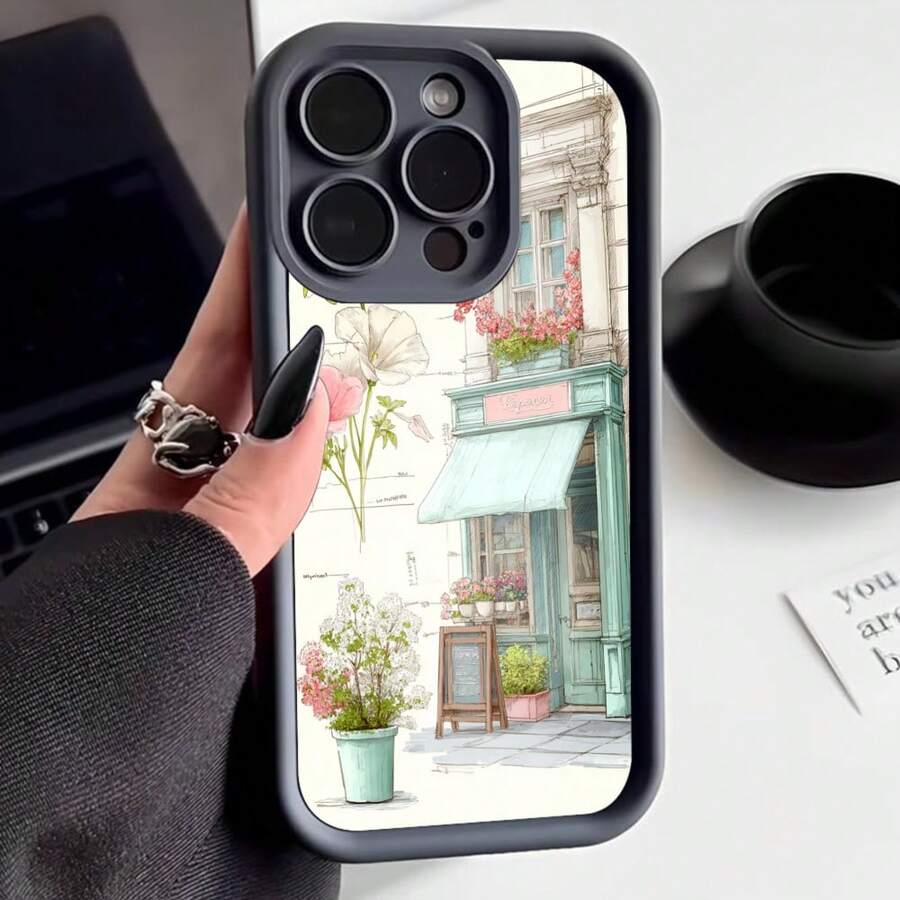 Cubierta de teléfono con borde negro diseño de cafetería vintage con flores y plantas en tonos pastel para uso diario y estilo urbano - Café integral - Ver 1