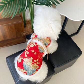 两腿抓绒宠物衣服，无袖中国风保暖套装，适合小型犬猫，冬季也适合贵宾犬、泰迪犬、吉娃娃、英国短毛猫等犬种。