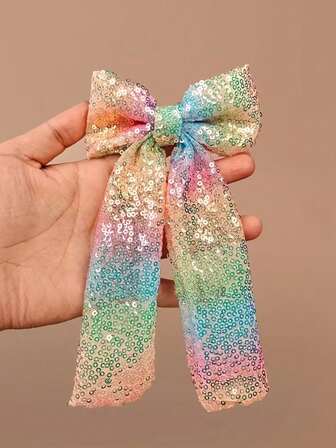 1pc Gradient Sequin Bow Ribbon Hair Clip, Sweet Girly Heart Accessory, 10*20cm Cute 's Barrette With Ethereal Design