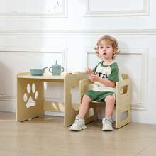 Kids Weaning Table And Chair Set, 3-Level Height Adjustable Chair & Activity Table With Fence, Step Stool, Natural Solid Wood Toddler Furniture For Mealtime Eating, Playing & Learning, Drawing - Maple - View 10