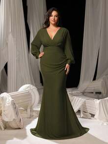 Faeriesty Robe de soirée sirène à manches lanternes et col en V élégante pour femmes grandes tailles. Accentue la silhouette gracieuse. Convient pour les mariages, galas de gala, cérémonies de remise de prix, soirées d'opéra et événements de charité Top de gamme. Fête - Militaire verte - Voir 2