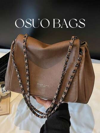 1pc Fashionable Versatile Vintage PU Leather Large Capacity Chain Shoulder Bag With Flap Magnetic Closure, Suitable For Women Daily Commute