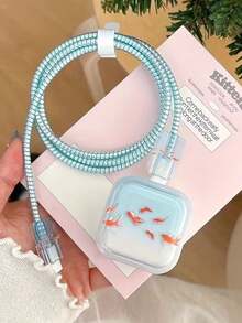 5pcs Gradient Blue Koi Fish TPU Charging Cable & Adapter Protector Case Set, Compatible With IPhone 17 Pro Max/40W Charger, Fast Charging - Multicolor - View 7