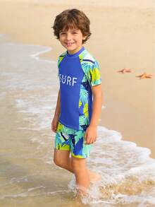 This 2 Pieces Swimsuit Is Fashionable And Refreshing, Making It An Ideal Choice For Summer Leisure And Vacation, Designed Specifically For Young Boys. It Features A Color Block Design With A Digital Print Of Brown Tree Patterns. This Stretchy, Quick-Drying And Comfortable Swimsuit Is Perfect For Beach Vacations, Pool Parties, Surfing And Travel. - Blue - View 8