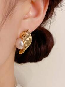 1 par de pendientes de perla con diseño minimalista y versátil, adecuados para citas, fiestas y banquetes - Dorado - Ver 3