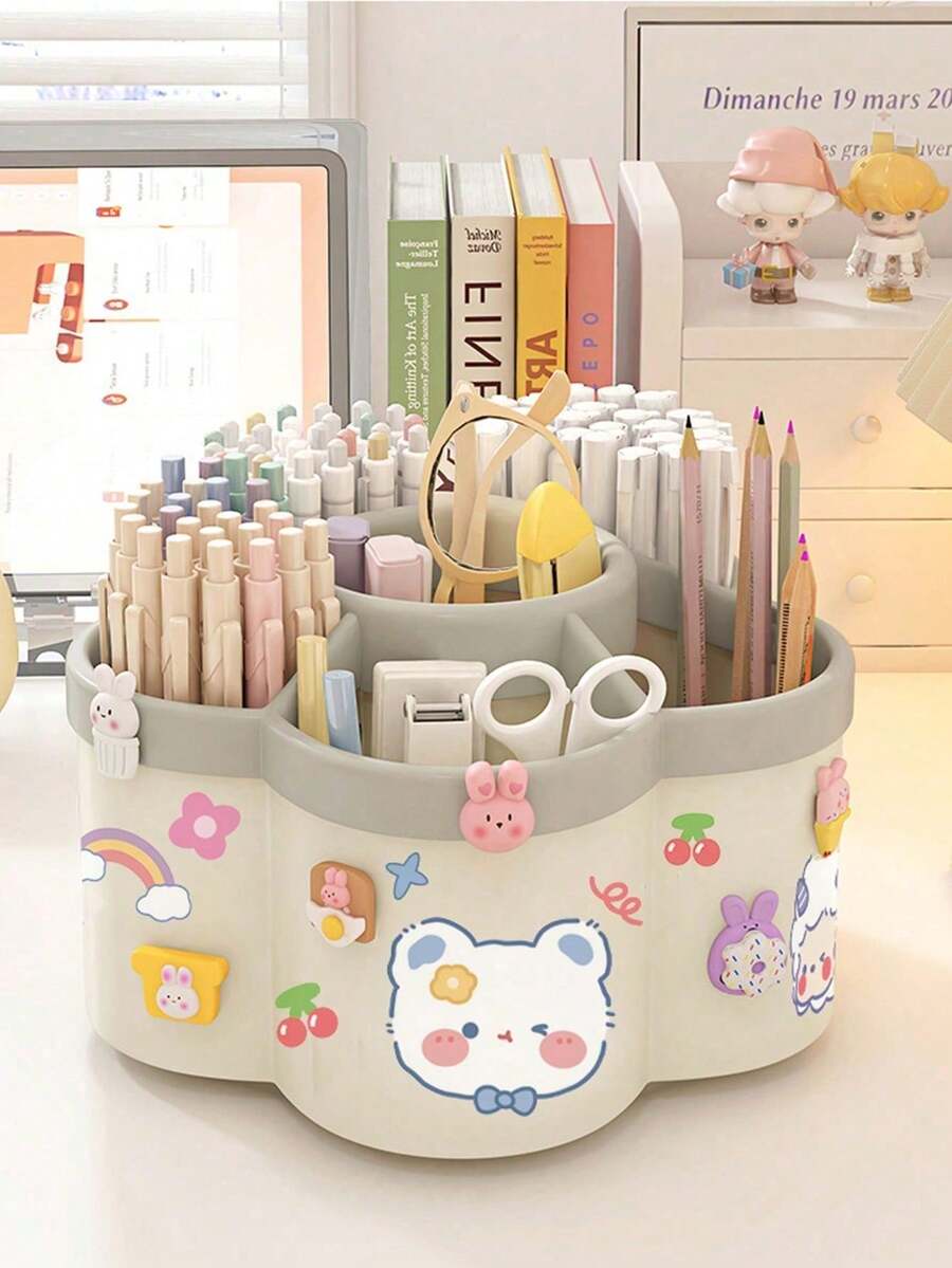 1pc Rotating Pen Holder Organizer, High Capacity, Compartments, Suitable For Student, Children Desk, Creative Pen Rack, Minimalist Design (Random Sticker Pattern) - Multicolor - View 1