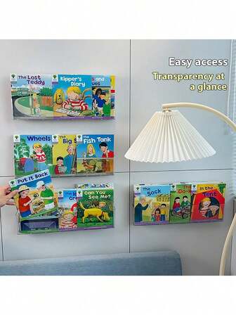 1 st väggmonterad bokhylla i akryl, transparent osynlig hängande bokhylla för barnböcker, väggmonterad förvaringshylla, ingen borrning krävs