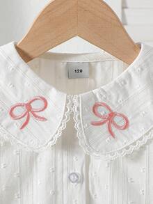 Girls' Sweet Bowknot Collar Ruffle Trim Blouse, Spring - White - View 3