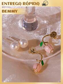 BEMMY Elegant Pearl Earrings With Tulip Flower, Suitable For Women To Wear Daily And At Parties. - 粉色 - 查看 4