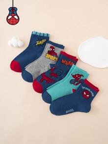 5 Pairs Marvel Spiderman Letter Graphic Cartoon Crew Socks, Breathable Sports Socks, All Season, European/US Sizes, Comfortable, Durable, Vibrant Colors, Suitable For Everyday Wear, Premium Fabric, Non-Sweaty - Multicolor - View 2