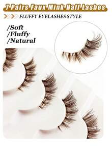 Asiteo 7 Pairs Brown Half-Strip Lashes, Transparent Stem, Natural Fluffy Soft Brown False Eyelashes, Transparent Stem Cat Eye Effect Faux Mink Lashes, Reusable, Create Natural Beautiful Lashes - Brown - View 2