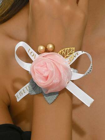 1pc Bride Bridesmaid Wrist Flower, Pink Rose Pearl Ribbon Butterfly Bracelet, Wedding Floral Decor