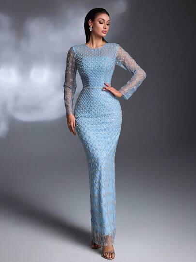 New Luxury & Elegant Women's Long Formal Dress, Embellished With Sequins, Sequins, Lace, V-Neck, Slit Hem, Basic Style For Formal Events, Galas, Weddings, Parties