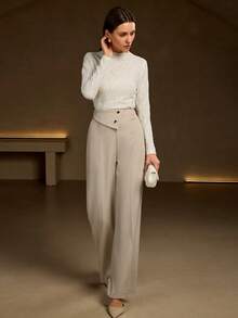 女士新款时尚优雅编织领长裤，配金属纽扣，适合毕业典礼、商务休闲和购物等场合。