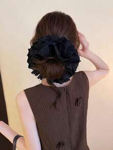 1pc Women's Extra Large 18cm/7.09in Pure Silk Solid Color 4-Layer Lace Pleated Hair Scrunchie, Hair Accessories - Black - View 3