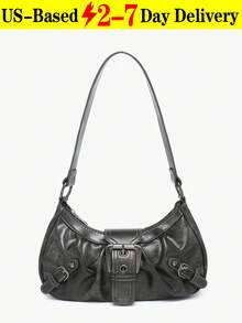 1pc Vintage Milady Softened Distressed Leather Motorcycle Bag With Rivet, Buckle And Folded Cloud Decoration; Suitable For Work, Commute, Dating, And Party - 灰色 - 查看 10