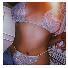 Conunto de agas de er de ntes de imitación para muer ropa inter de bikini de d tanga con cadena parte  de lenteuelas plateado Talla única - como en la foto - Ver 6