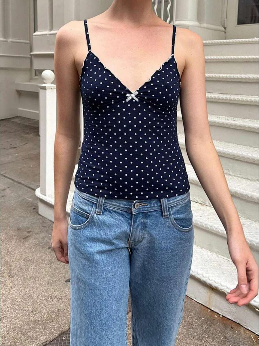 Womens Polka Dot Print Crop Camisoles Tank Tops Spaghetti Straped Deep-V Neck Bow Cami Streetwear Party Clubwear Going Out Tops Vacation Outfits Women, Holiday Outfits Women, New Years Outfits Women - 藍色 - 查看 1