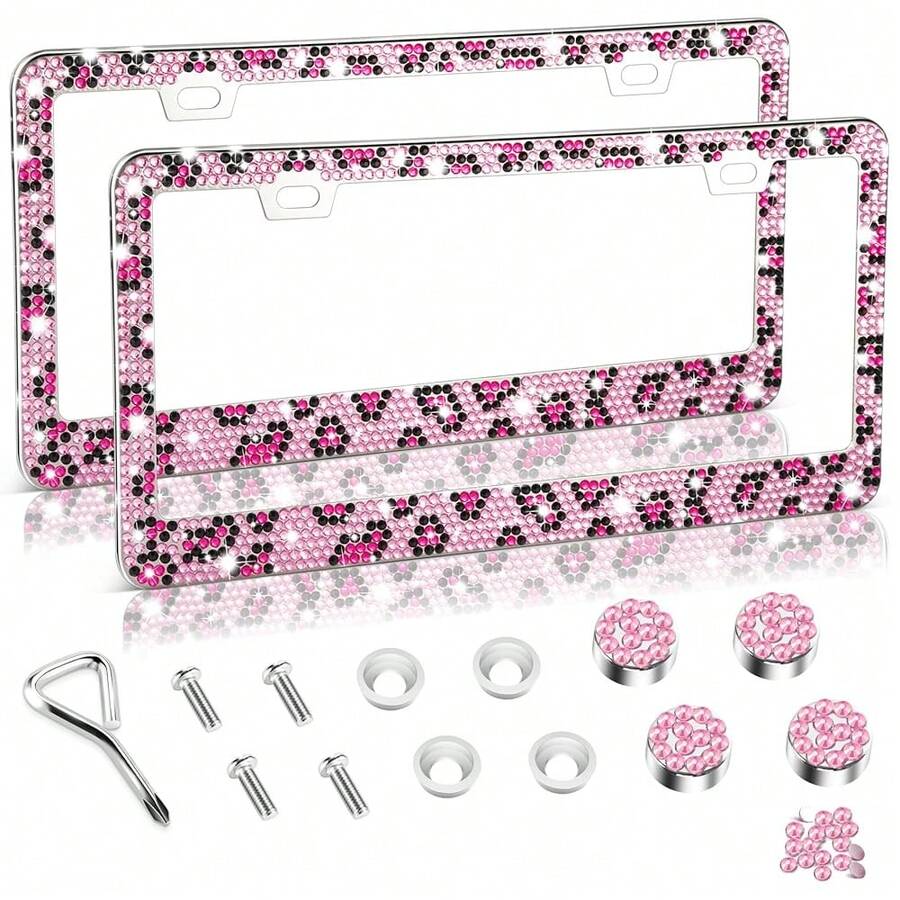 [Free Shipping]Bling License Plate Frame For Women, 2Pack Rhinestone Handcrafted Crystal Premium Stainless Steel, Stainless Steel Car Decorative Accessories With Diamond Sparkle Glitter Caps,2pc,PinkLeopardPrint - PinkLeopardPrint - View 1